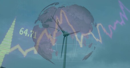 Wall Mural - Standing wind turbine projecting energy trends at wind farm, with globe wireframe and data overlays