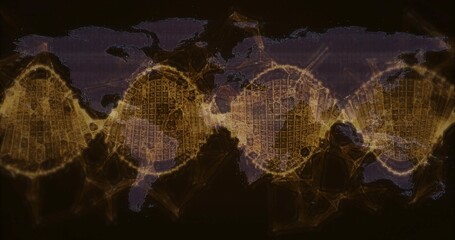 Wall Mural - Displaying network grid map forming glowing amber nodes on dark screen, with triangular mesh links