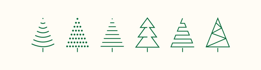 Wall Mural - set of minimalistic green christmas tree line flat icon element, abstract geometric winter pattern, icons editable stroke, trees symbol for new year, Christmas design cards, poster, banner vector Xmas