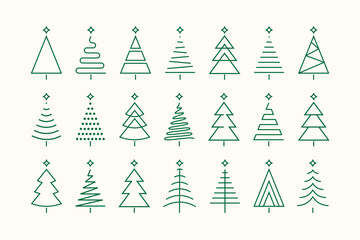 Wall Mural - set of minimalistic green christmas tree line flat icon element, abstract geometric winter pattern, icons editable stroke, trees symbol for new year, Christmas design cards, poster, banner vector Xmas