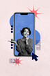 © deagreez - Trend collage of people hold cake in phone screen with click phrase on pink background