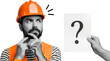© Amelia Margaret - Construction worker wearing an orange hard hat and vest thoughtfully stroking his beard with fingers to his chin while another hand holds a paper with a large question mark
