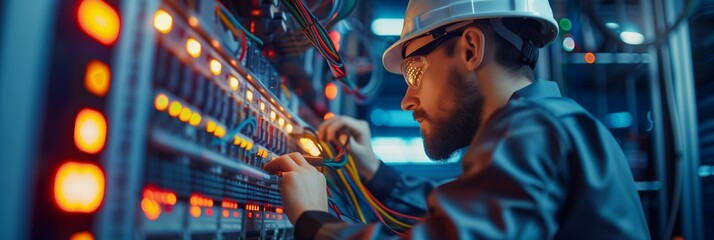 Wall Mural - electrician and engineer work on an electrical circuit with many cables for communication and data transfer