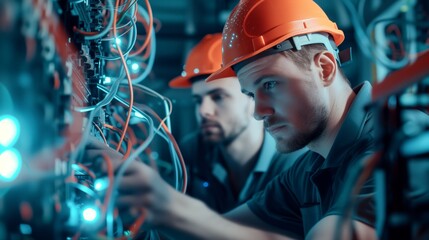 Wall Mural - electrician and engineer work on an electrical circuit with many cables for communication and data transfer