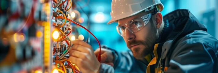 Wall Mural - electrician and engineer work on an electrical circuit with many cables for communication and data transfer