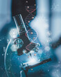 © ART STOCK CREATIVE - Microscope with holographic DNA and molecular structures, symbolizing advanced biotechnology, AI genetic research, molecular science innovation, digital healthcare in modern laboratory environment.