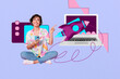 © deagreez - Full 3d poster art collage of happy businessman businesswoman freelancer sit laptop progress rocket startup aim achievement