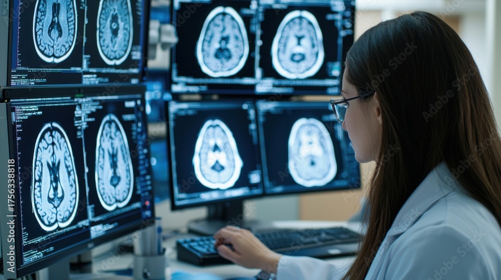 Female doctor analyzing brain MRI scans on multiple computer monitors ...