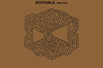 Abstract geometric isometric cube with intricate line art patterns