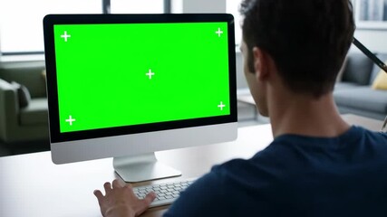 Man working on a desktop computer with a green screen. Over the shoulder view of a person at a desk in a home office. Chroma key monitor for website or software mockup