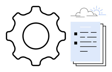 Wall Mural - Gear symbol next to documents and cloud, representing system optimization, data storage, and process automation. Ideal for innovation, engineering, organization, cloud computing, workflow