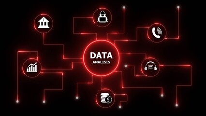 Abstract network of glowing red lines connecting various white icons on a black background representing data analysis