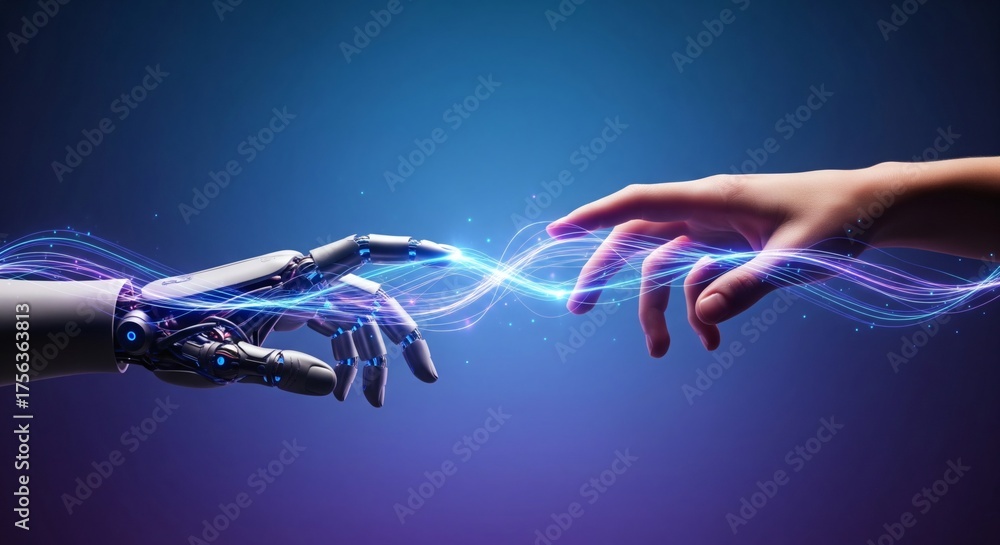 Human and robot hands touching, symbolizing connection, artificial ...