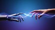 © Rohan - Human and robot hands touching, symbolizing connection, artificial intelligence, and futuristic technology against a blue gradient background.