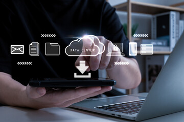 Data Center. business people backup file on data protection application program on mobile smartphone, cybersecurity, backup storage management, internet network security technology concept