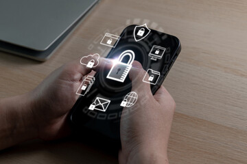 Wall Mural - Virus Protection. people hand using data protection application on mobile smartphone, backup storage management, firewall, data protection, internet network technology, cloud storage concept