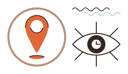 Wall Mural - Location pin encircled and an eye with a clock inside underlined by wavy lines. Ideal for navigation, time management, tracking, surveillance, focus, strategy, and productivity concepts using