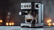 © Orod - Stainless steel espresso machine pouring rich coffee into glass cup with bokeh lights.