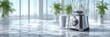 © Orod - Modern chrome blender on marble countertop with natural daylight for kitchen appliance ad.