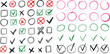 © Haider - Hand drawn check mark and circle doodle set. Tick, cross, checkbox, and highlight symbols in colorful marker sketch style. Vector isolated icons for checklist, school, and office design
