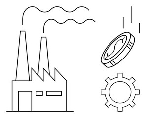 Wall Mural - Factory emitting smoke, mechanical gear symbol, and falling coin suggesting industrial production, economic growth, manufacturing, and financial input. Ideal for business, economics, industry