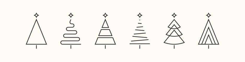 Wall Mural - set of minimalistic green christmas tree line flat icon element, abstract geometric winter pattern, icons editable stroke, trees symbol for new year, Christmas design cards, poster, banner vector Xmas