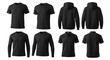 © MindRender - Collection of black tshirts, hoodies, and polo shirts, front and back views, isolated on white background