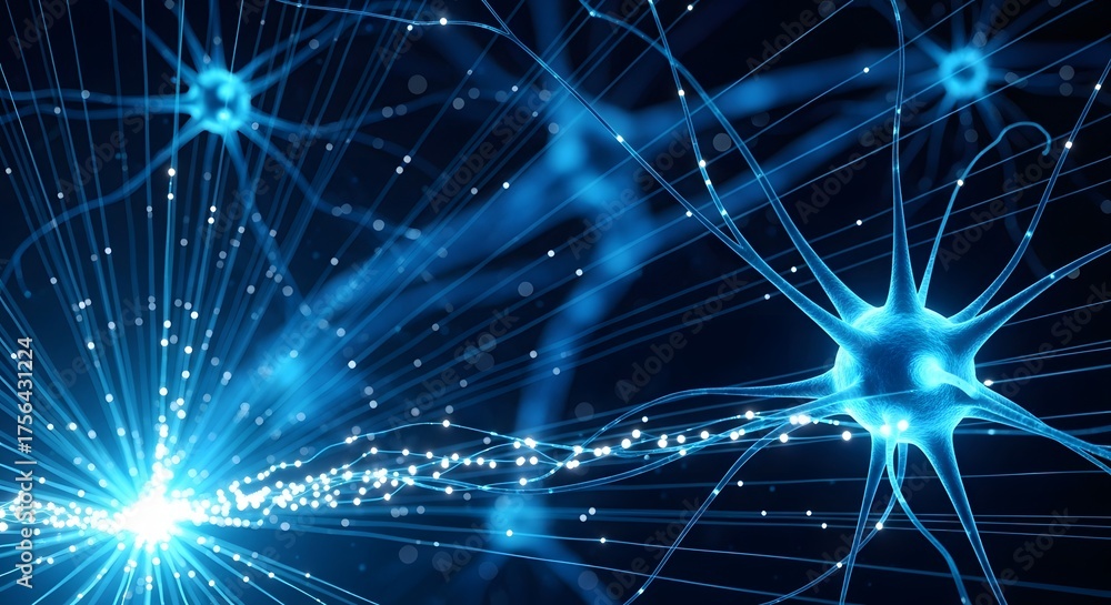 Glowing blue neuron cells sending complex signals across a neural ...