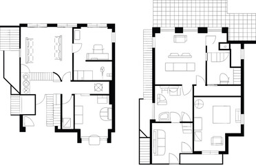 Naklejka na meble Two-story residential house plan, architectural layout, furniture arrangement, vector blueprint, scalable CAD drawing, interior design, home illustration, flat artwork