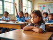 © gankevstock - Young girl in school uniform attentively listening during class with classmates raising hands