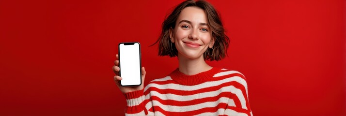 Smiling woman holding smartphone with blank screen. Mockup for application presentation