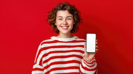 Smiling woman holding smartphone with blank screen. Mockup for application presentation