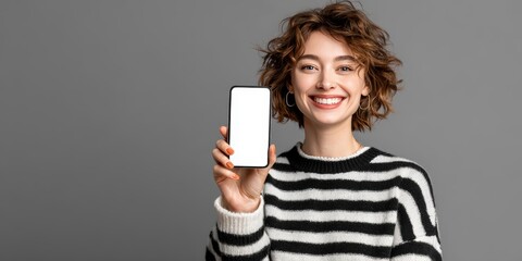 Smiling woman holding smartphone with blank screen. Mockup for application presentation