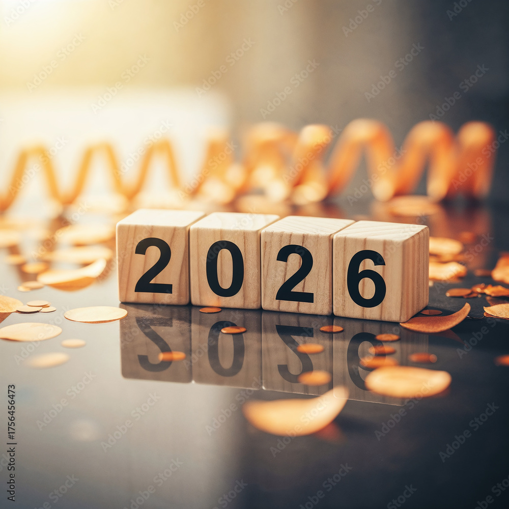 Wooden blocks displaying the year 2026 with festive decorations and ...
