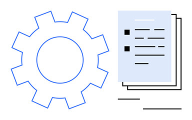 Wall Mural - Blue gear next to document stack symbolizing workflow, productivity, process management, automation, organization, teamwork, and task planning. Ideal for business processes, efficiency and simple