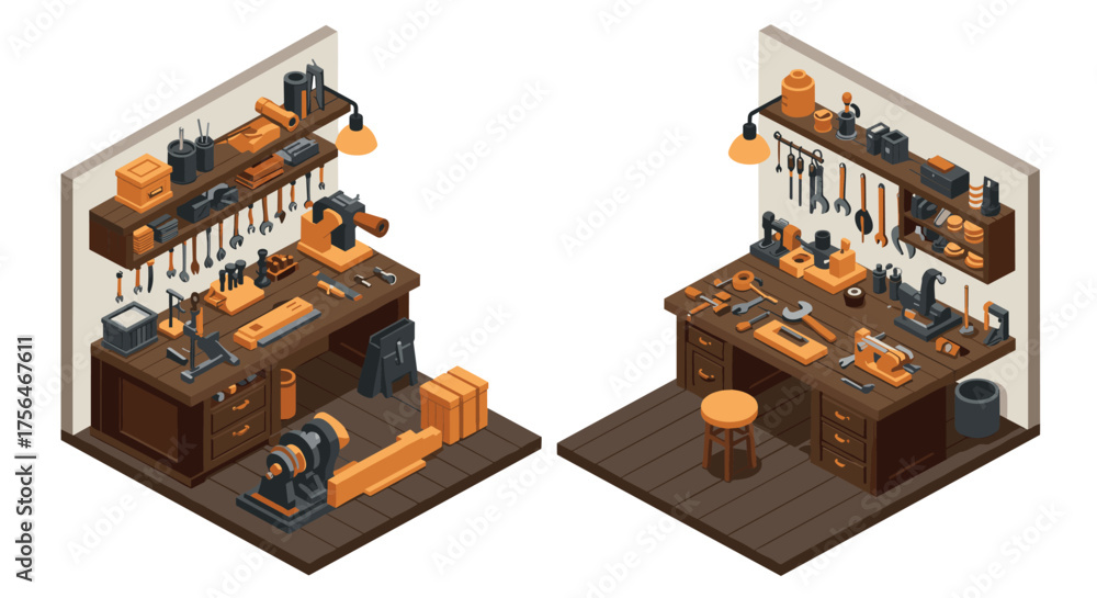 Isometric workshop interior with tools and workbenches in wood and ...