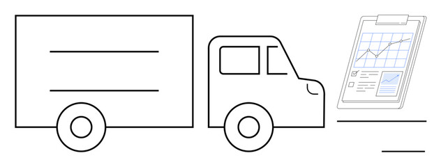 Wall Mural - Truck alongside clipboard with charts illustrating logistics, shipment monitoring, and supply chain management. Ideal for delivery, logistics, business, shipping, transportation, tracking supply