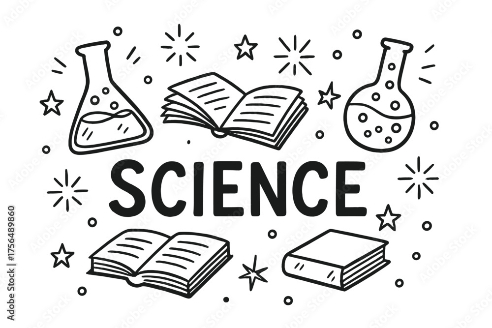 Science Class Line Drawing Scientific Classroom Sketch. Hand-drawn science class with flasks ...