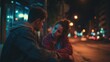© MMerellinn - A young woman consumed by despair sits on a dark urban street at night, as a compassionate man offers a comforting helping hand, providing vital support for prevention.