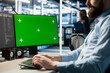 © DC Studio - Data center doing software updates on green screen PC, verifying neural network parameters. Server hub IT expert using chroma key PC to inspect configurations, ensuring optimal application performance