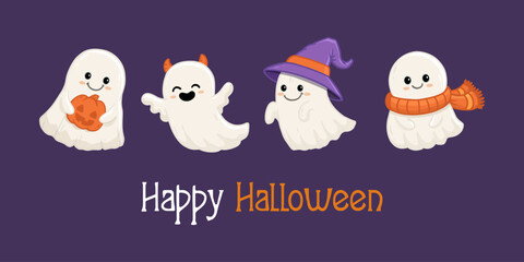 Wall Mural - set of cute halloween ghosts on purple background. Collection ghost in flat style. Vector illustration