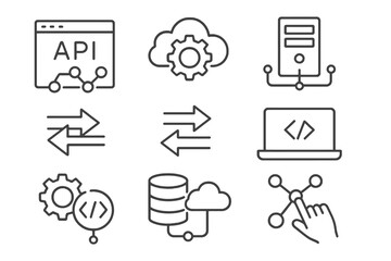 Collection of 9 linear icons about web automation and backend development, featuring databases, data flow, and system infrastructure.