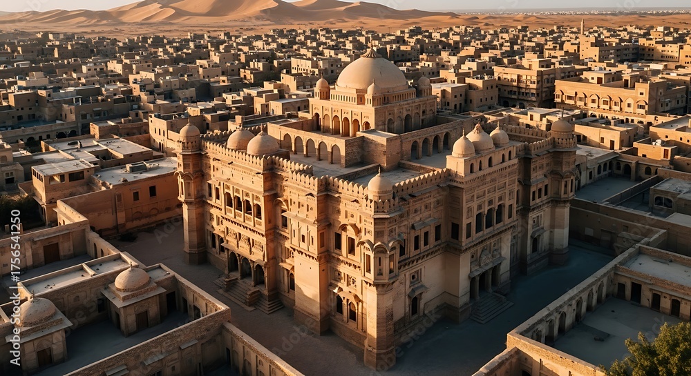Aerial view of an ancient city with grand architecture in a desert ...