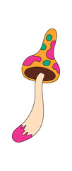 Wall Mural - Groovy mushroom in psychedelic cartoon graphic style as groovy element with bold pink and orange. Trippy shroom and retro sticker use colorful magic pop for y2k inspiration, trendy 70s vibe playful