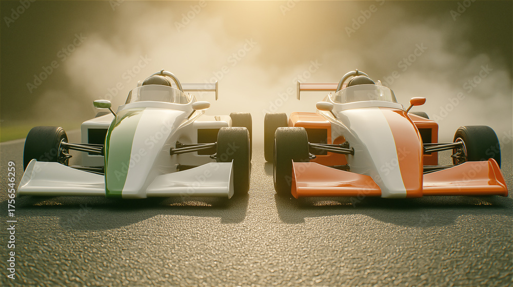 2 Man Racing Two race cars on track in motion under sunlight, concept of competition ...