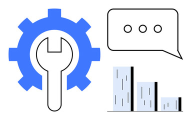 Wall Mural - Gear with wrench symbolizing tools and customization, bar chart representing data and growth, speech bubble for communication. Ideal for business, tech, teamwork, analytics, solutions, productivity