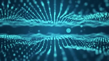 Vibrant blue binary digits and particles creating flowing, undulating wave patterns in a digital abstract landscape