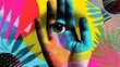 © Syarif - Vibrant, surreal composition featuring a hand with an eye at its center, over colorful abstract shapes