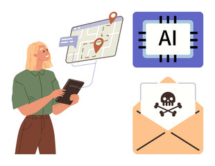 Wall Mural - Woman interacts with navigation map on tablet, accompanied by AI microchip and malware warning in envelope. Ideal for technology, navigation, cybersecurity, innovation, AI, digital risks, modern