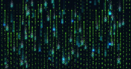 Wall Mural - Streaming vertical binary digits cascading in code matrix, with glowing green and blue blocks